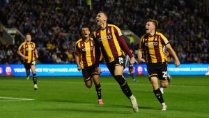 Bradford City’s Aden Baldwin celebrates his goal.