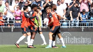 Luton Town’s Callum Marshall, right, celebrates his leveller