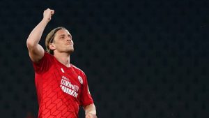 Danilo Orsi celebrates a goal for Crawley Town