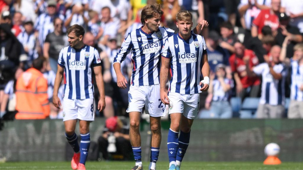 West Bromwich Albion’s Isaac Price (centre) celebrates after dispatching his penalty.