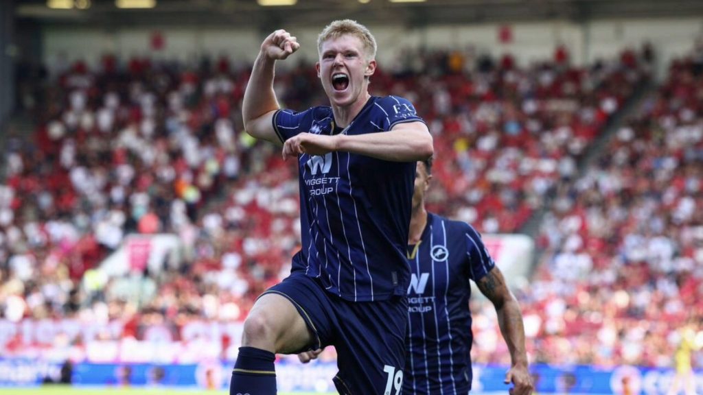 Josh Coburn celebrates his second goal for Millwall