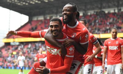 Charlton Athletic’s Karlan Grant celebrates after scoring with Nathaniel Chalobah