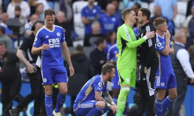 Leicester City players react after being relegated from the Premier League in 2023