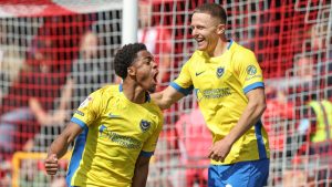 Ryan Kavuma-McQueen celebrates putting Portsmouth ahead.