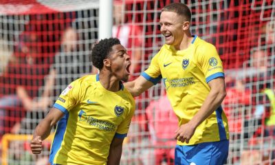 Ryan Kavuma-McQueen celebrates putting Portsmouth ahead.