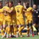 Newport County celebrate their second, scored by Shaquille Gwengwe, right