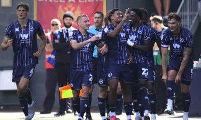 Millwall’s Tairyk Arconte, centre, celebrates his second goal with his teammates