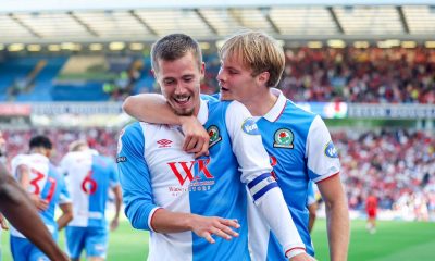 Blackburn Rovers skipper Todd Cantwell celebrates his goal with Andri Gudjohnsen, right