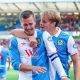 Blackburn Rovers skipper Todd Cantwell celebrates his goal with Andri Gudjohnsen, right