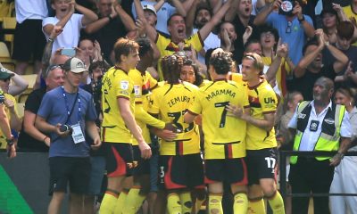 Watford’s Amin Nabizada (centre, facing) celebrates scoring the second goal.