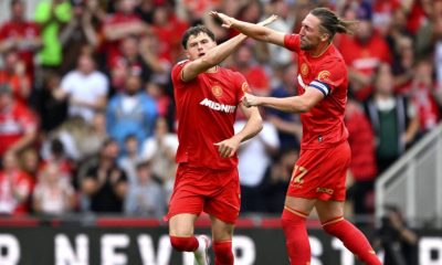 Middlesbrough’s Will Lankshear, left, celebrates scoring with skipper Luke Ayling
