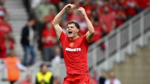 Middlesbrough hero Will Lankshear celebrates scoring against Lincoln City.