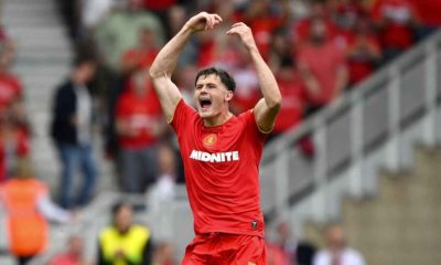 Middlesbrough hero Will Lankshear celebrates scoring against Lincoln City.