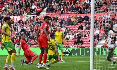 Ashley Phillips, left, scores Middlesbrough’s late winner against Norwich City.