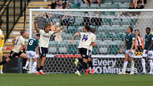 Burton Albion celebrate Jack Armer’s, left, winner against Plymouth Argyle