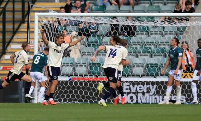 Burton Albion celebrate Jack Armer’s, left, winner against Plymouth Argyle