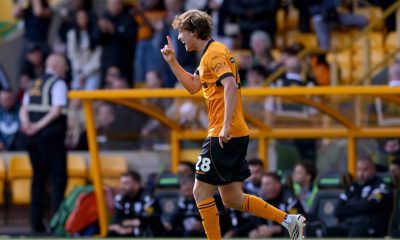Fer Lopez celebrates scoring the winning goal for Wolverhampton Wanderers against West Bromwich Albion.