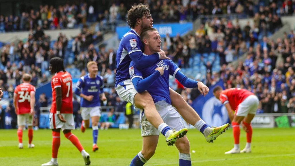 Jack Moylan celebrates scoring his second and Cardiff City’s third