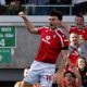 Wrexham’s Kieffer Moore celebrates scoring their first goal.