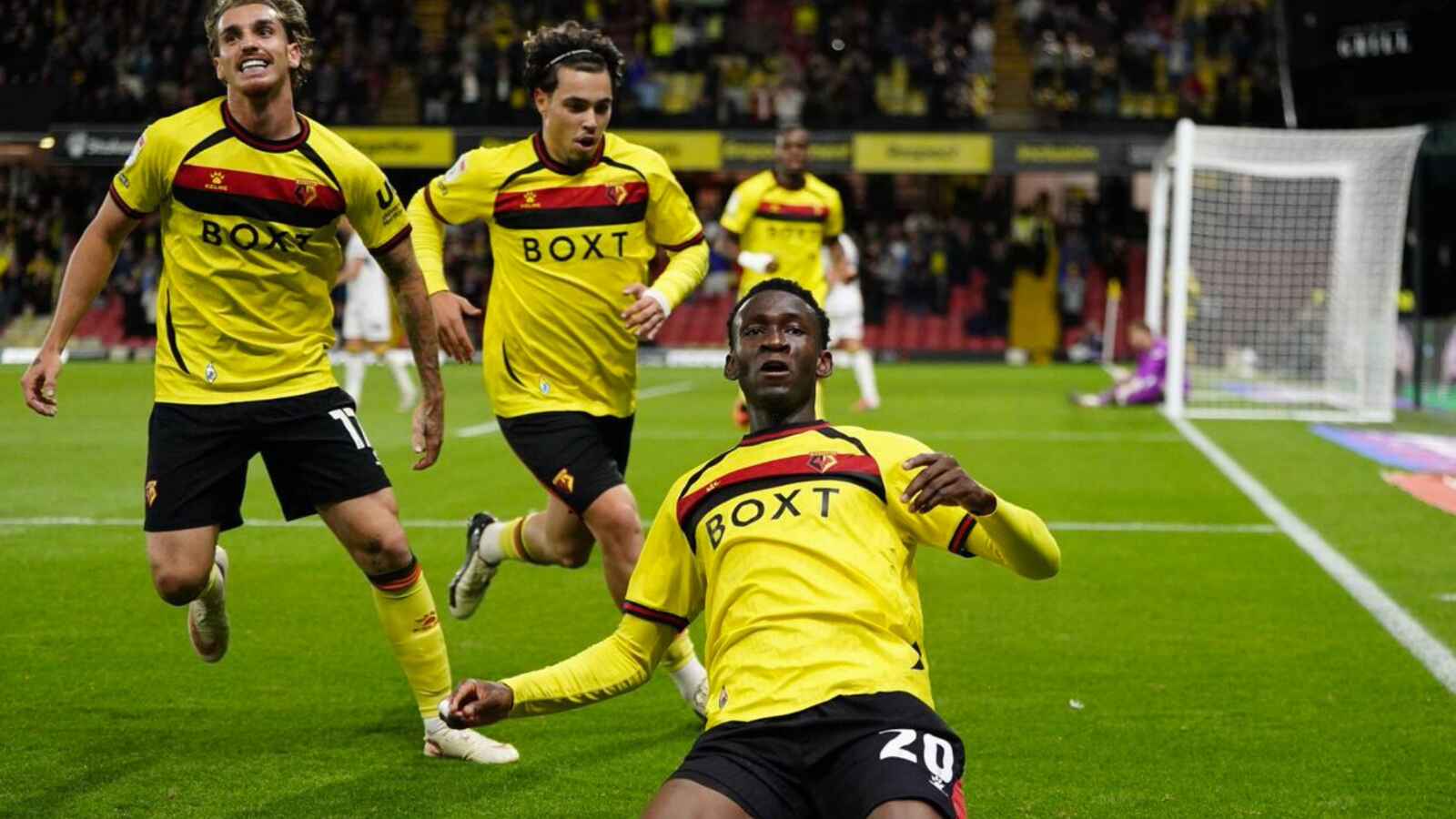 Watford’s Mamadou Doumbia celebrates his winner against Preston North End in midweek