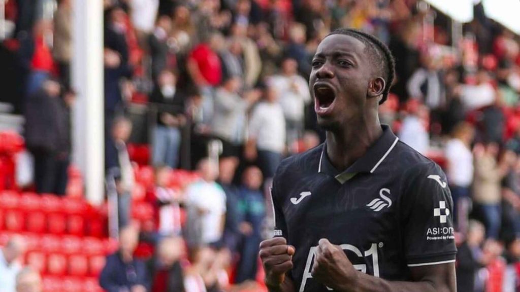 Moussa Yeo celebrates Swansea City’s win.