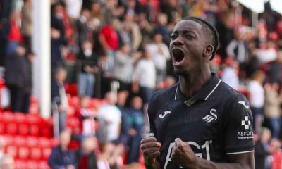 Moussa Yeo celebrates Swansea City’s win.