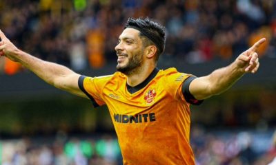 Raul Jimenez wheels away after scoring Wolves’ third goal against Stoke City from the penalty spot