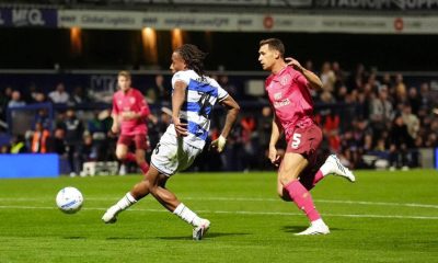 Rumarn Burrell scores his and QPR’s second in the 2-1 midweek win over Cardiff City at a bouncing Loftus Road.