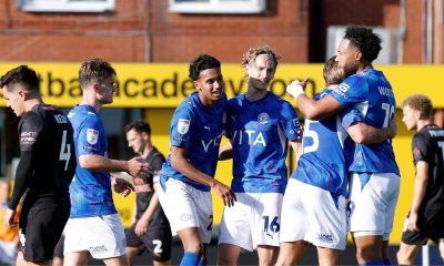 Stockport County’s Kyle Wootton, right, celebrates with team-mates
