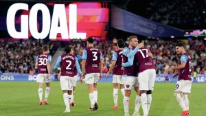 West Ham United celebrate going 5-0 up against Wrexham.