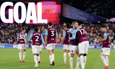 West Ham United celebrate going 5-0 up against Wrexham.