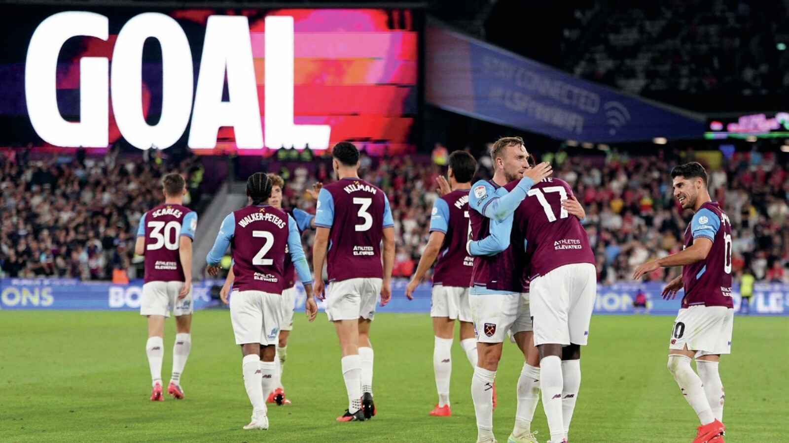 West Ham United celebrate going 5-0 up against Wrexham.