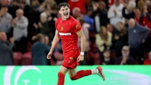 Will Lankshear celebrates Middlesbrough’s equaliser against Millwall.