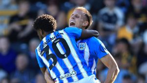 Huddersfield Town’s Derensili Sanches Fernandes takes the congratulations after scoring his opener.