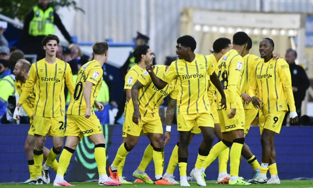 Sheffield Wednesday’s Jamal Lowe, right, celebrates his equaliser with his team-mates