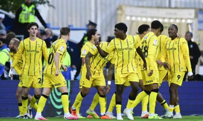 Sheffield Wednesday’s Jamal Lowe, right, celebrates his equaliser with his team-mates
