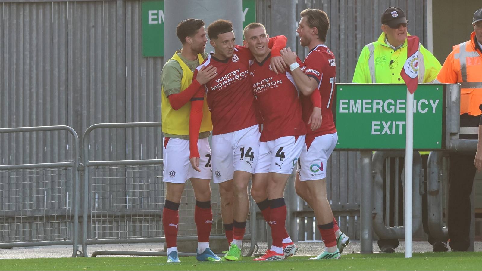 Jordan Gibson, second from left, celebrates his second goal for Crewe Alexandra.