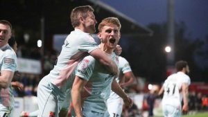 Nathan Smith celebrates one of his crucial goals for Tranmere Rovers at the back end of last season.
