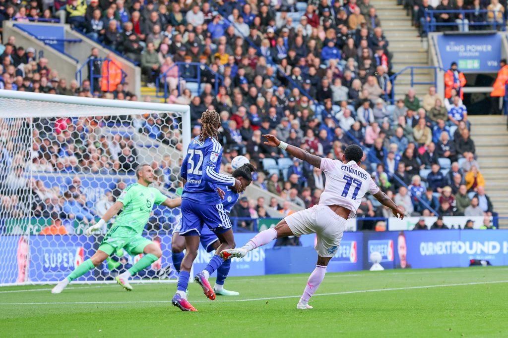 GOAL 0 - 1 Owura Edwards of Peterborough United shoots and scores a goal during the EFL Sky Bet League 1 match between Leicester City and Peterborough United at the King Power Stadium, Leicester, UK on 10 October 2026.
