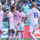 Peterborough United celebrate in their comfortable win at the King Power Stadium against Leicester City.
