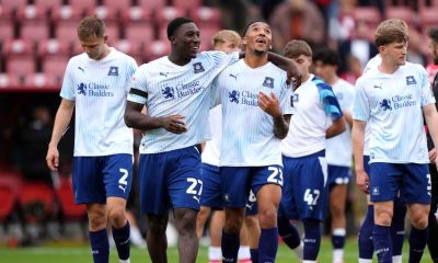 Plymouth Argyle goalscorer Bim Pepple, second from left, celebrates his opener with Bradley Ibrahim