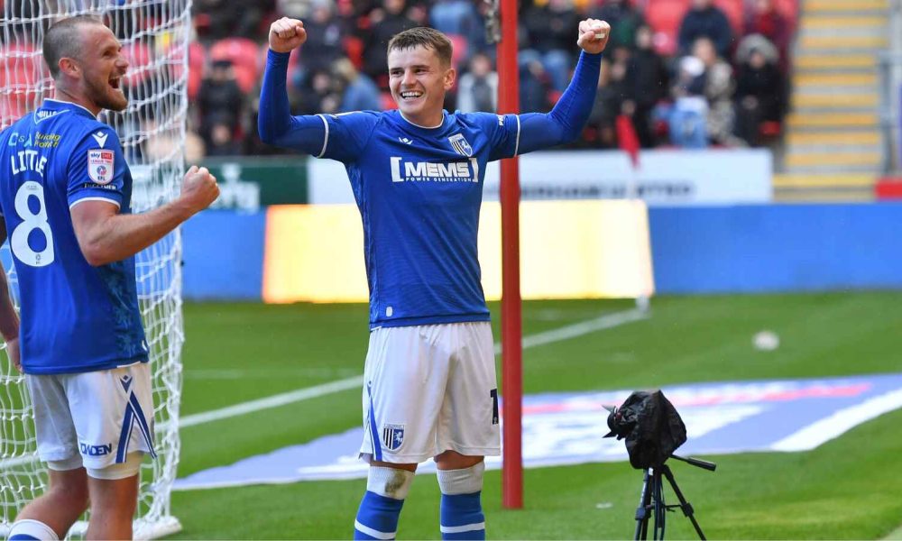Ronan Hale, right, celebrates scoring his second for Gillingham.