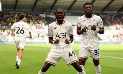 Swansea City’s Moussa Yeo, left, celebrates with Joseph Opoku after scoring the equaliser.