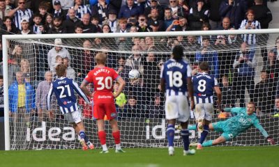 West Bromwich Albion’s Isaac Price, left, levels things up from the spot