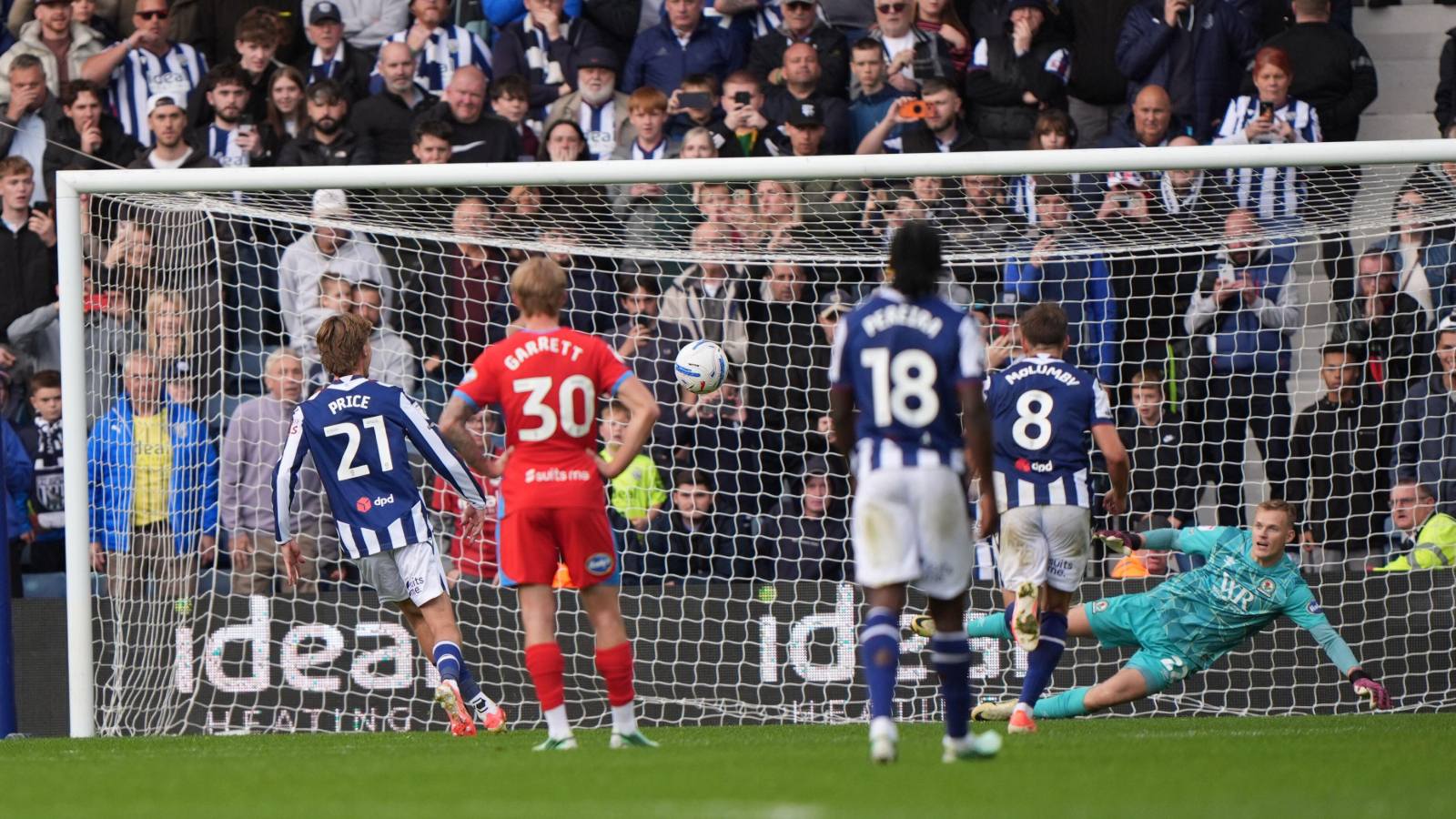 West Bromwich Albion’s Isaac Price, left, levels things up from the spot