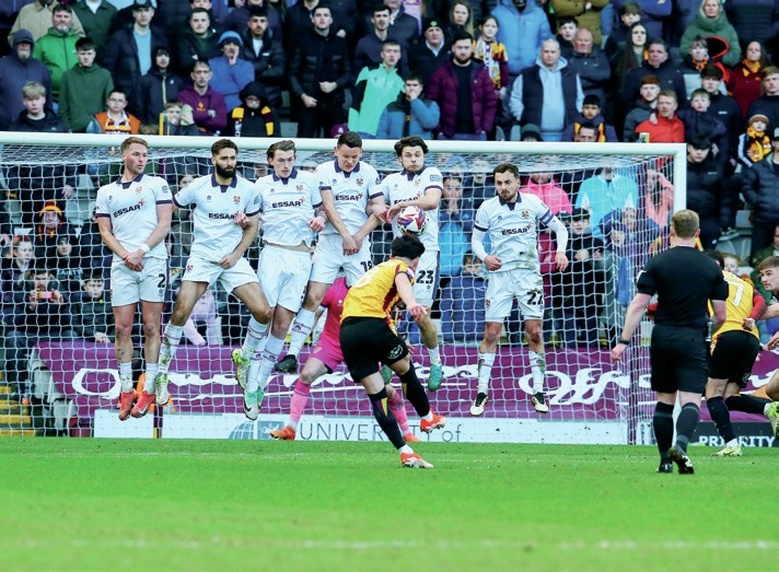 DENIED: Bradford’s Calum Kavanagh sees his free-kick blocked
