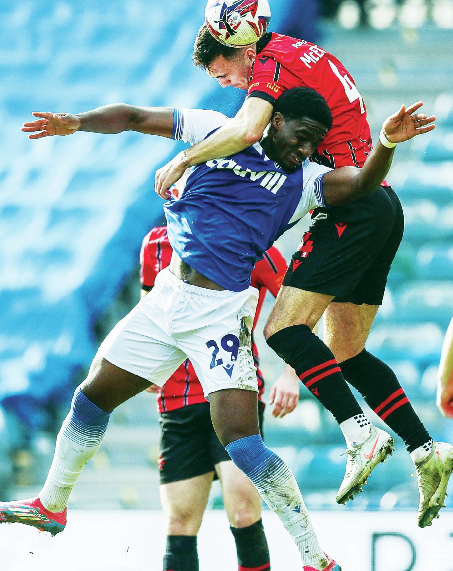 UP FOR IT: Gillingham’s Joseph Gbode and Walsall’s Oisin McEntee clash
PICTURES: Alamy