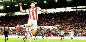 ON A HIGH: Bae Jun-ho celebrates scoring the Potters’ first goal PICTURE: WhiteRosePhotos