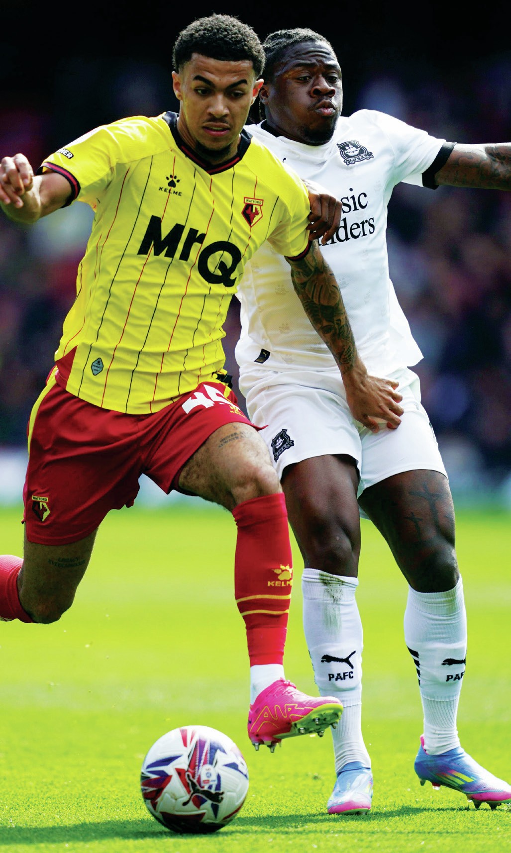 CLASH: Watford’s Ryan Andrews, left, and Plymouth’s Michael Obafemi do battlePICTURES: Alamy