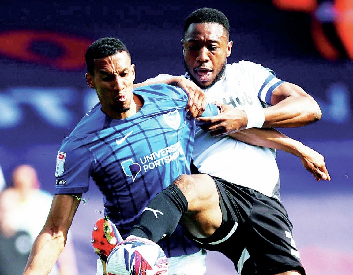 COMMITMENT: Derby’s Ebou Adams, right, and Portsmouth’s Isaac Hayden battle it out PICTURES: Alamy
